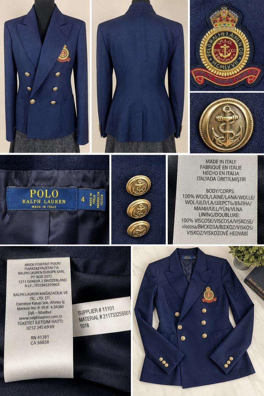 Polo Ralph Lauren Navy Wool Crest Double Breasted Blazer Made Italy Sz 4